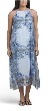 NWT Le Ragazze Made In Italy Silk Blend Flowy Halter Neck Blue Maxi Dress Med.